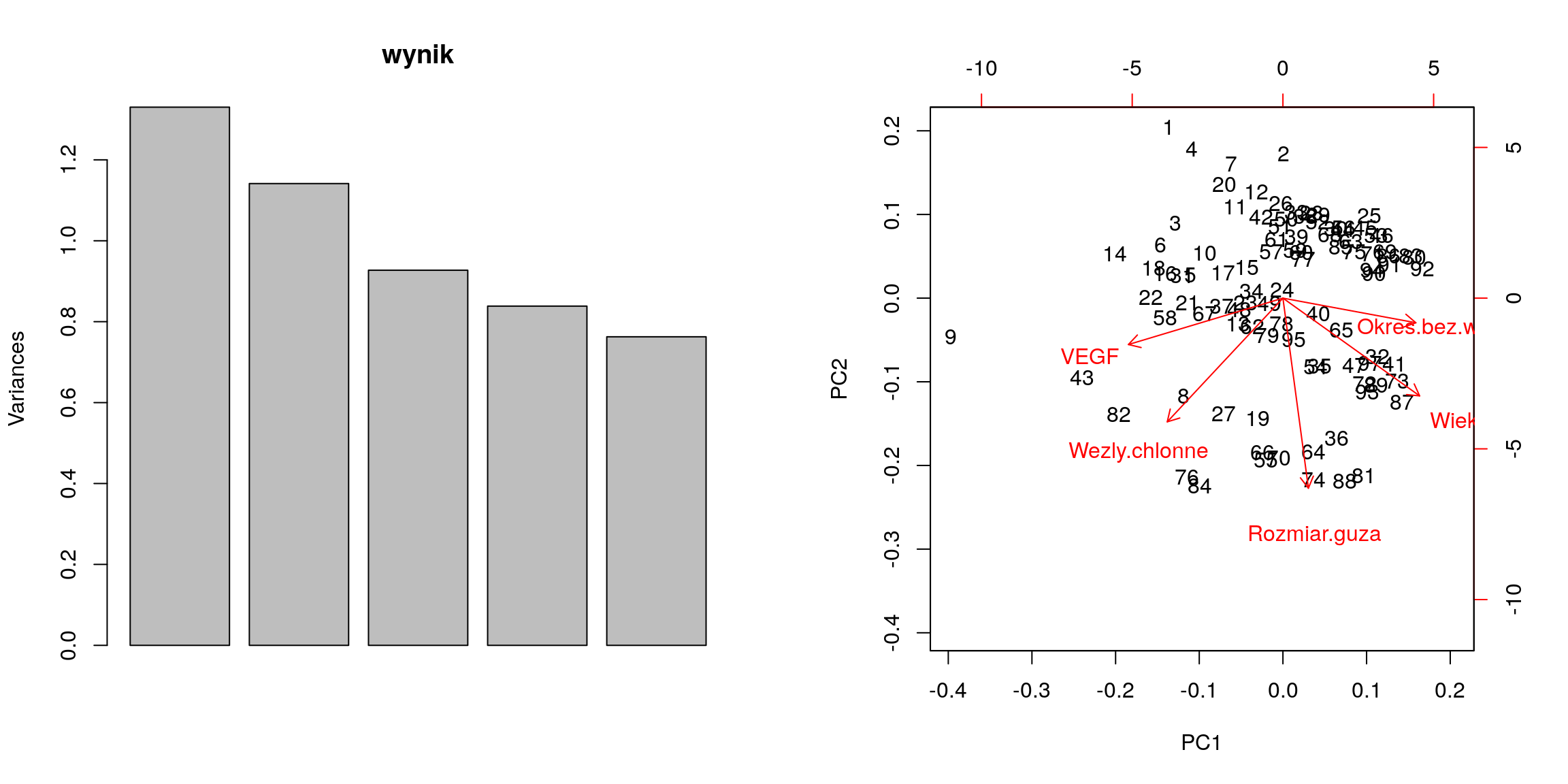 Graficzna reprezenacja wyników funkcji prcomp().